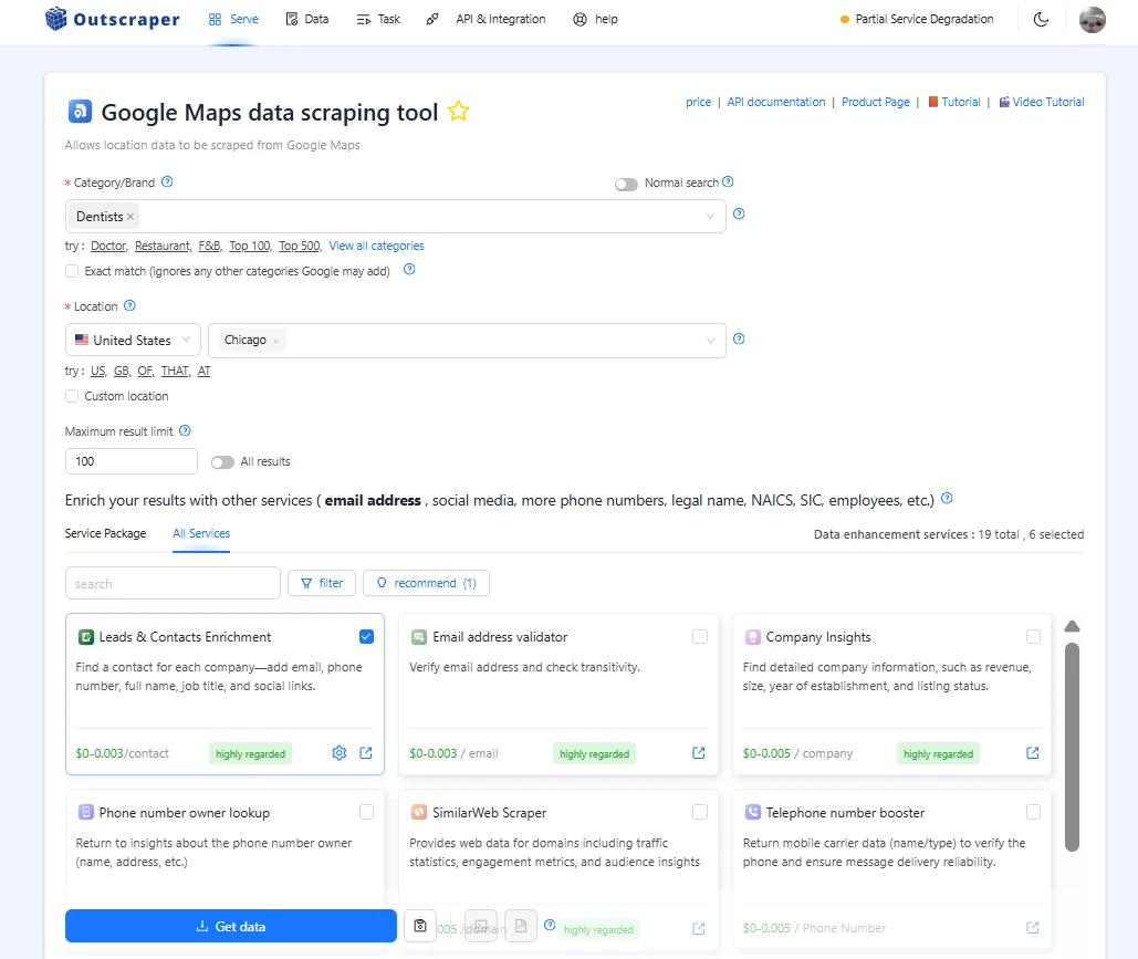 Outscraper Test Operation Page