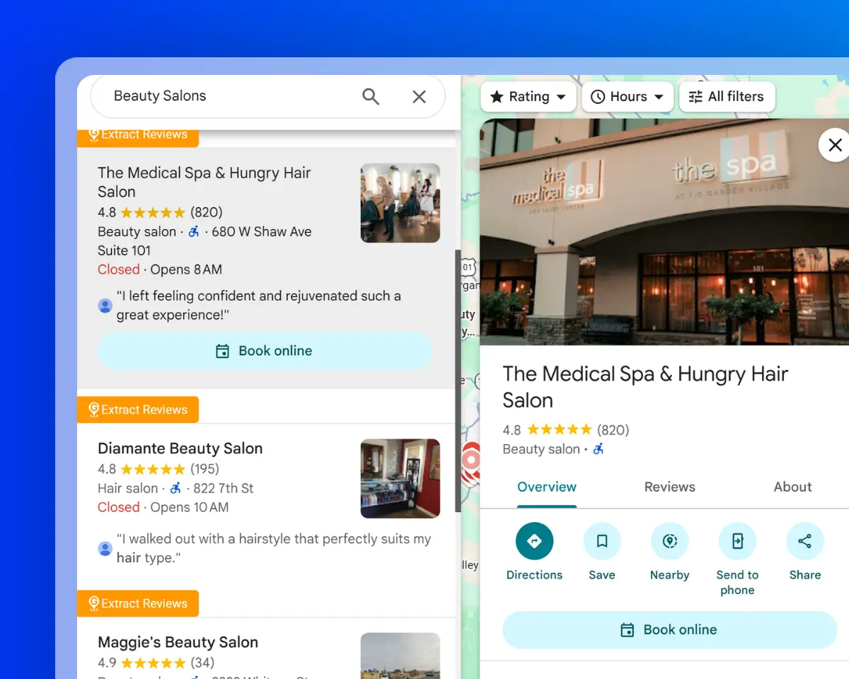 Beauty salon listings from Google Maps for local business researc