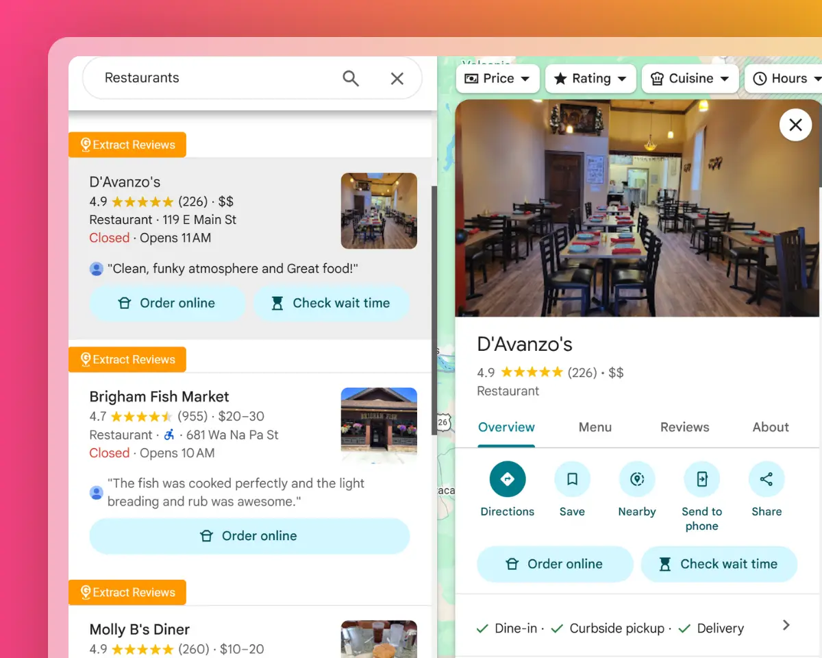 Restaurant listings compared by ratings, reviews, and opening hours
