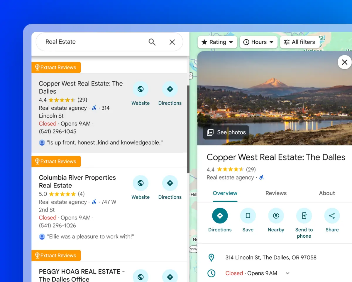 Real estate agency listings organized by location for market research