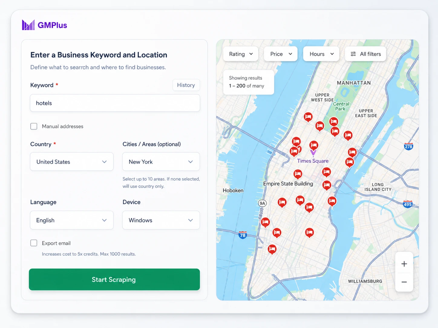 Google Maps extractor form for entering a business keyword, country, city