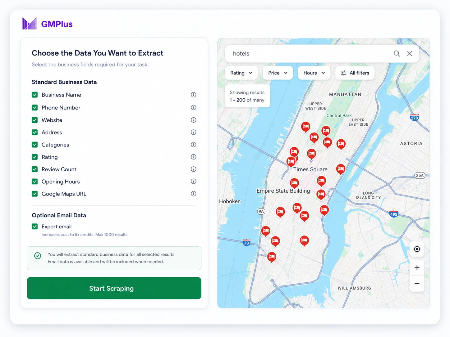Select standard business fields and optional email data in the GMPlus Google Maps scraper