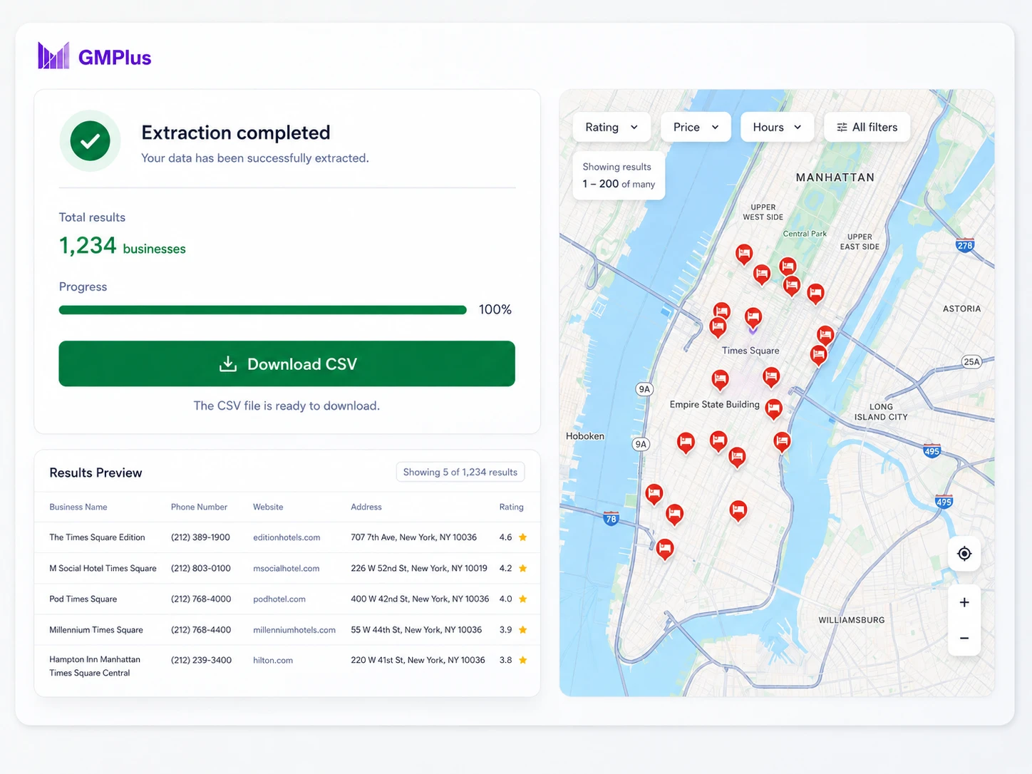 Completed Google Maps data extraction and download to CSV