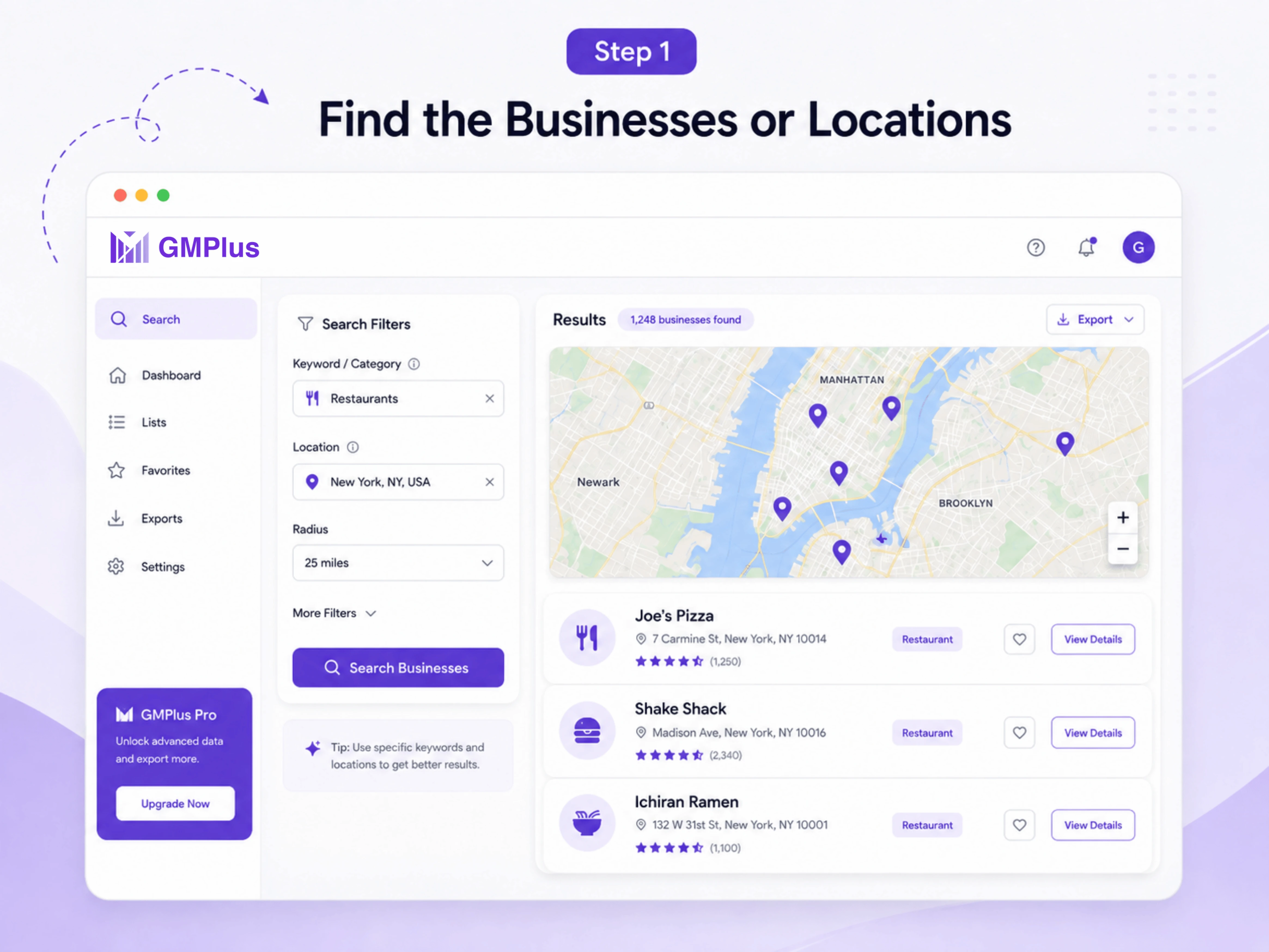 GMPlus dashboard for finding Google Maps businesses and locations