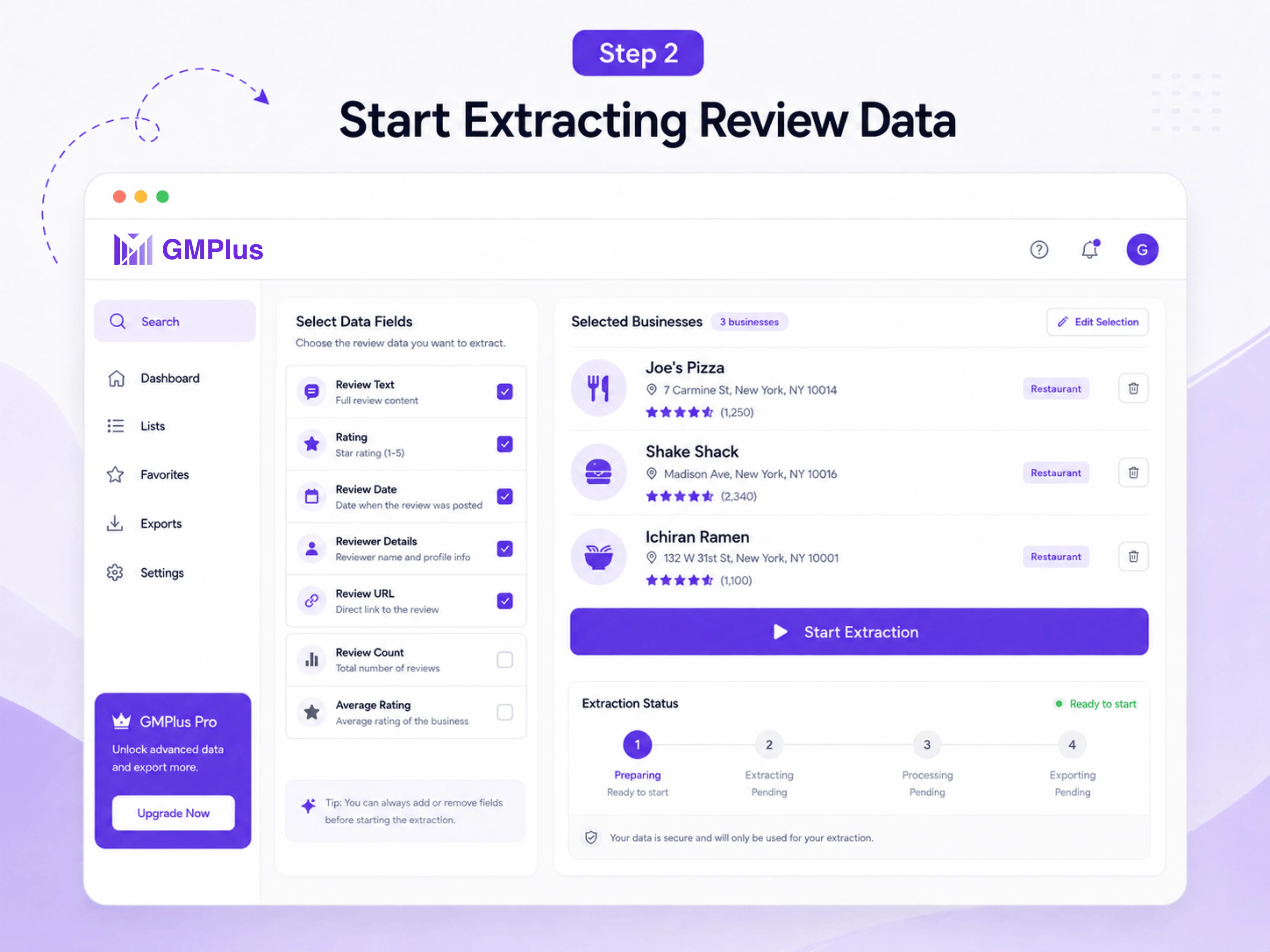 GMPlus dashboard for selecting Google Maps review data and starting extraction