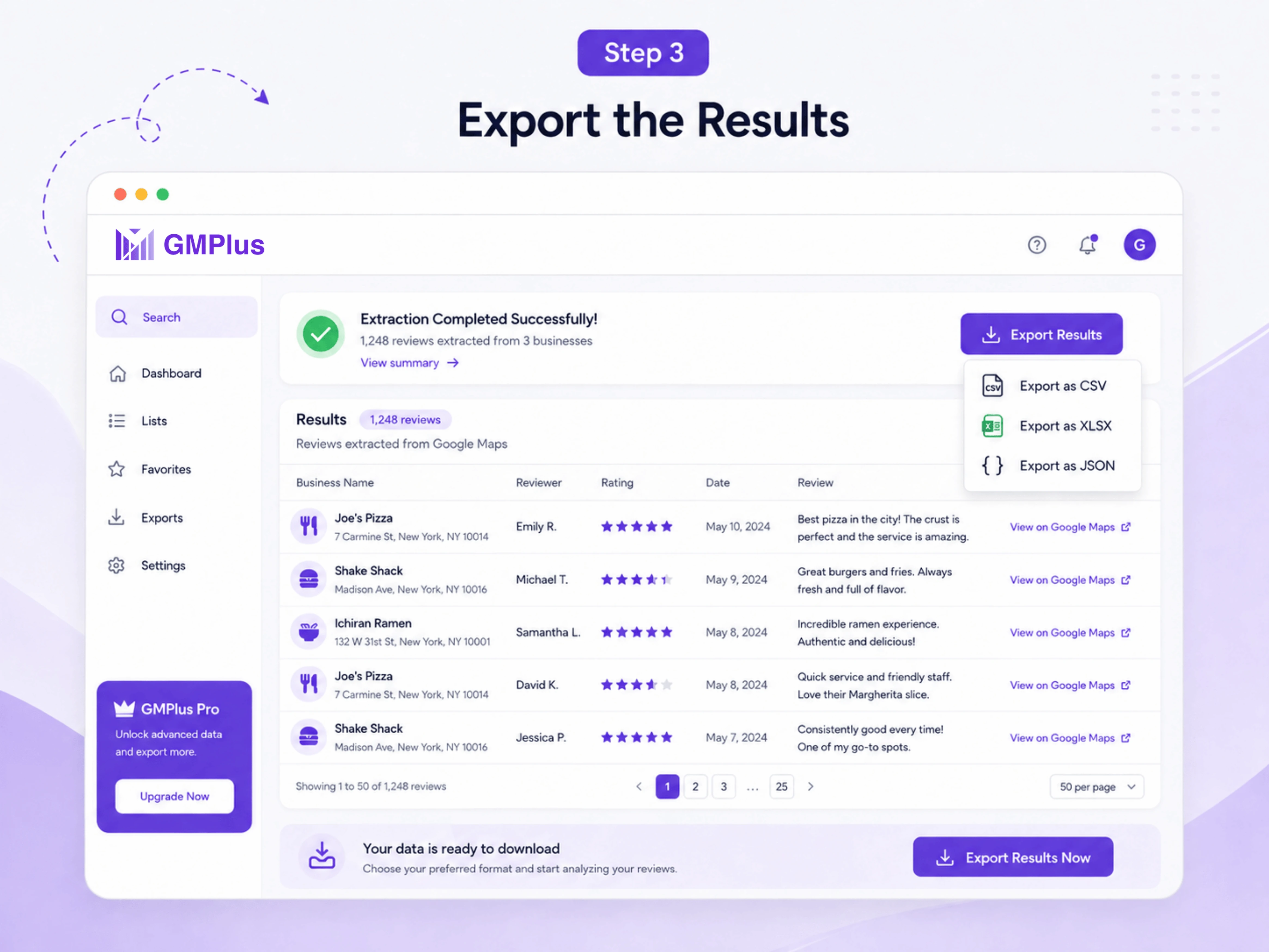 GMPlus dashboard for exporting Google Maps review data to CSV, XLSX or JSON